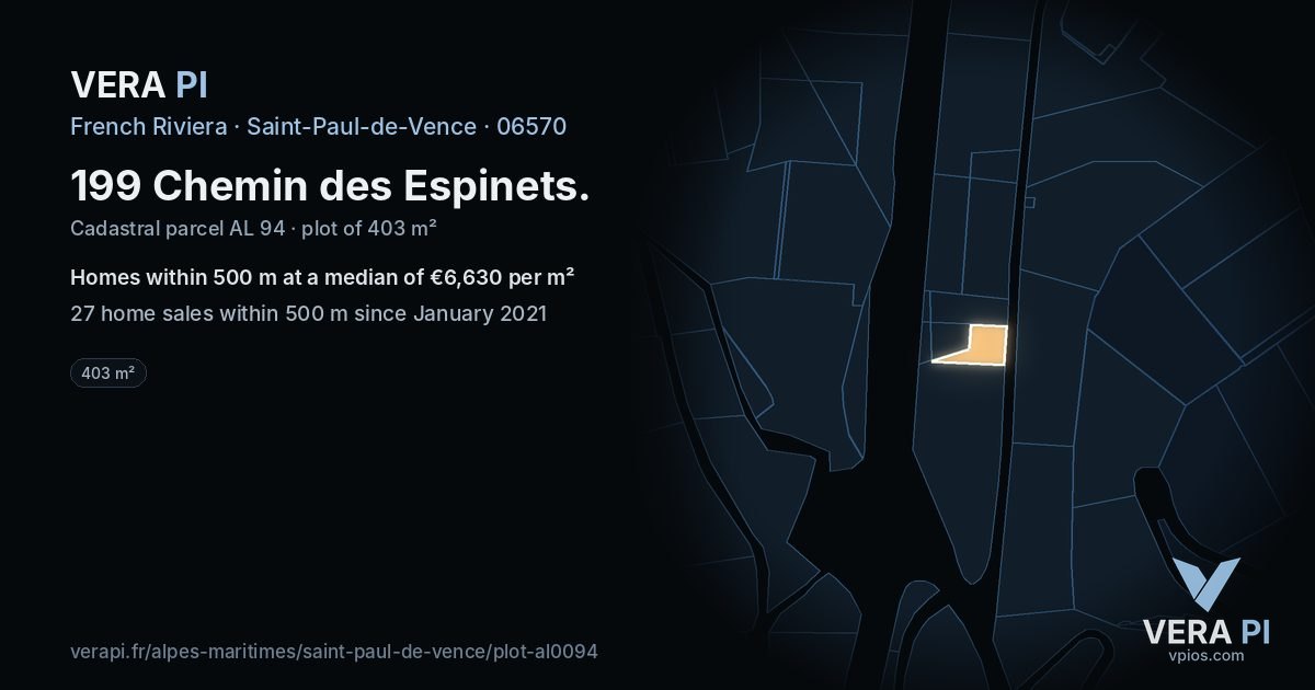 199 Chemin des Espinets, Saint-Paul-de-Vence at night – the plot lit, the parcels around coloured by the prices near them