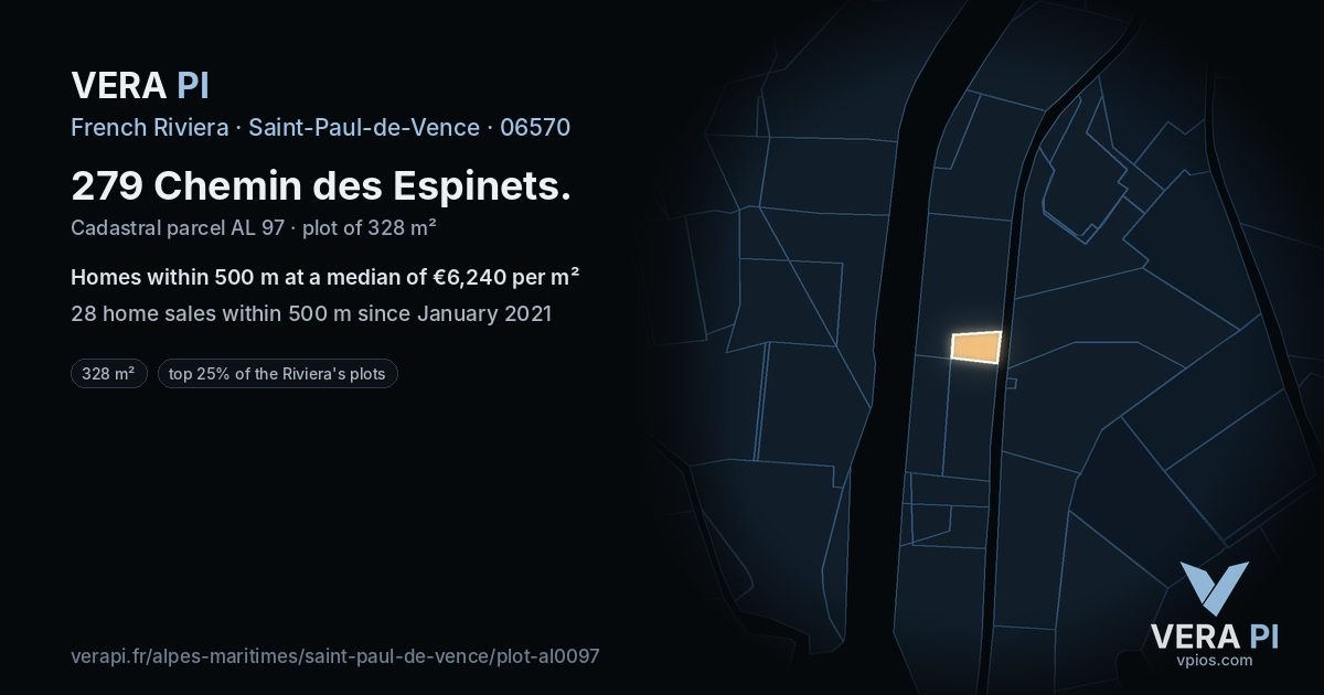 279 Chemin des Espinets, Saint-Paul-de-Vence at night – the plot lit, the parcels around coloured by the prices near them