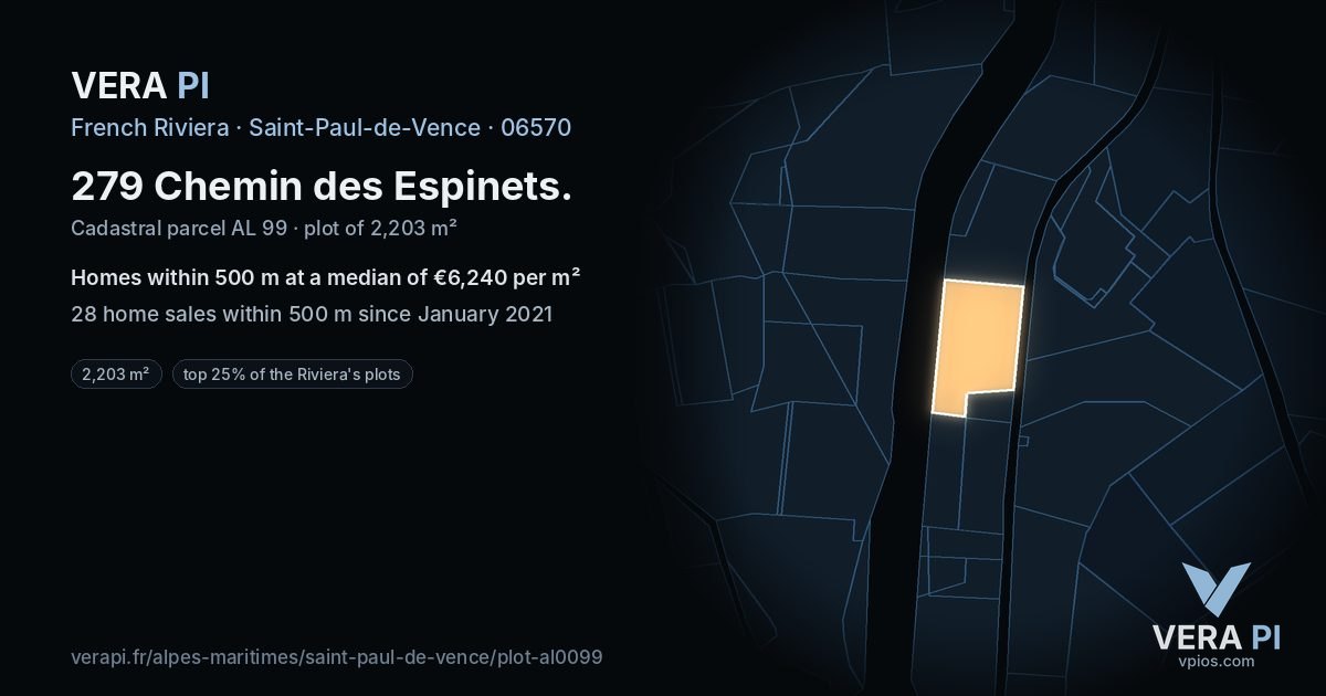 279 Chemin des Espinets, Saint-Paul-de-Vence at night – the plot lit, the parcels around coloured by the prices near them