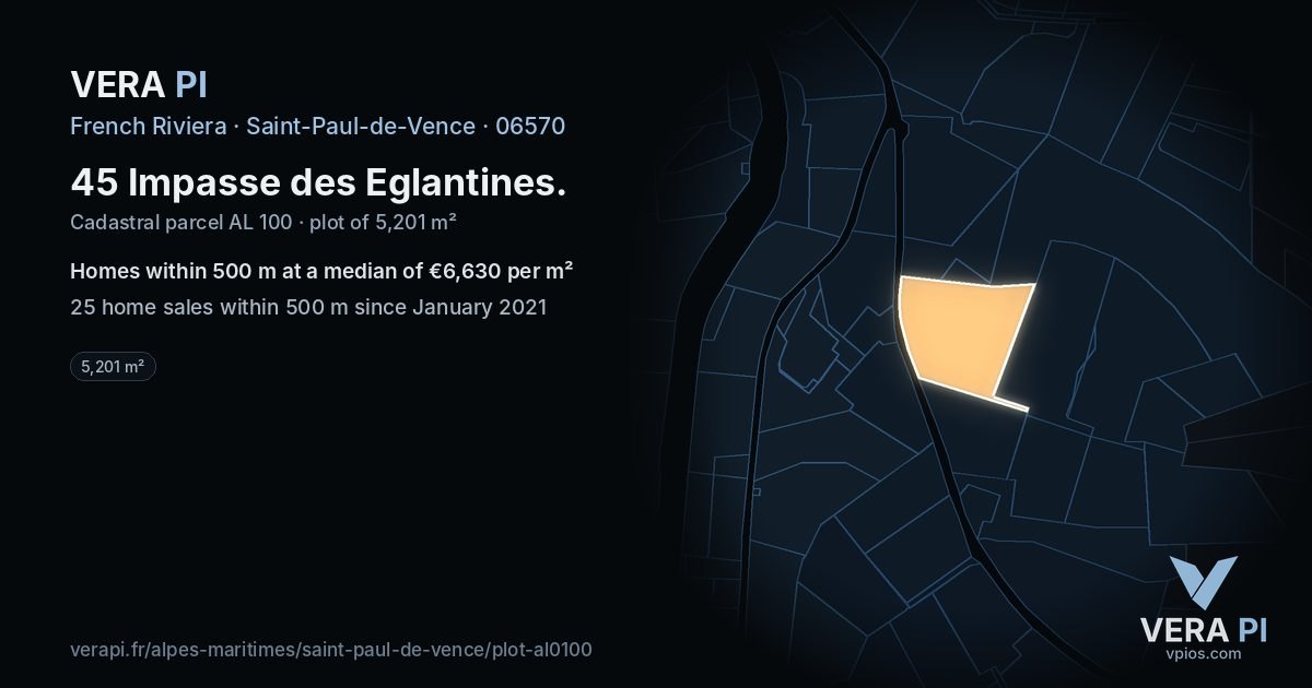 45 Impasse des Eglantines, Saint-Paul-de-Vence at night – the plot lit, the parcels around coloured by the prices near them