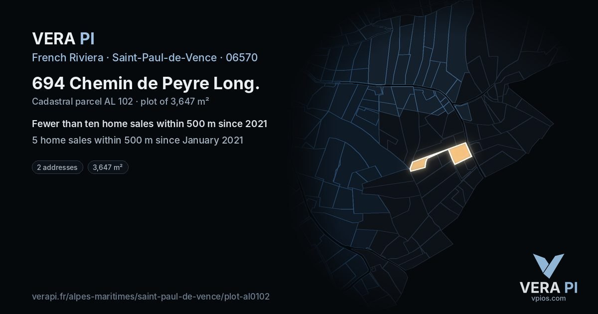 694 Chemin de Peyre Long, Saint-Paul-de-Vence at night – the plot lit, the parcels around coloured by the prices near them
