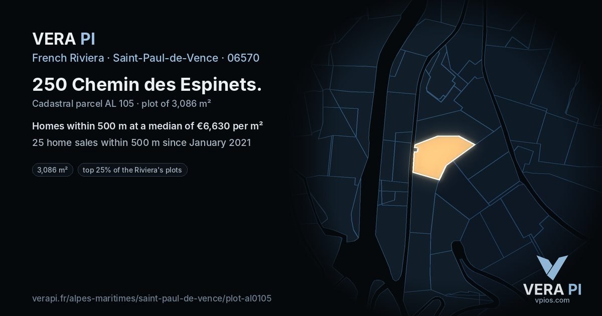 250 Chemin des Espinets, Saint-Paul-de-Vence at night – the plot lit, the parcels around coloured by the prices near them