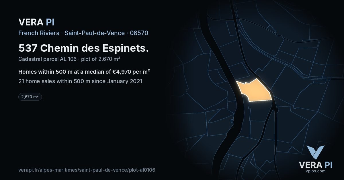 537 Chemin des Espinets, Saint-Paul-de-Vence at night – the plot lit, the parcels around coloured by the prices near them