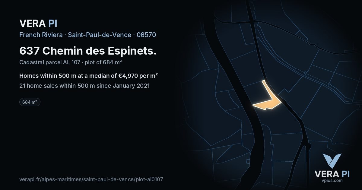 637 Chemin des Espinets, Saint-Paul-de-Vence at night – the plot lit, the parcels around coloured by the prices near them