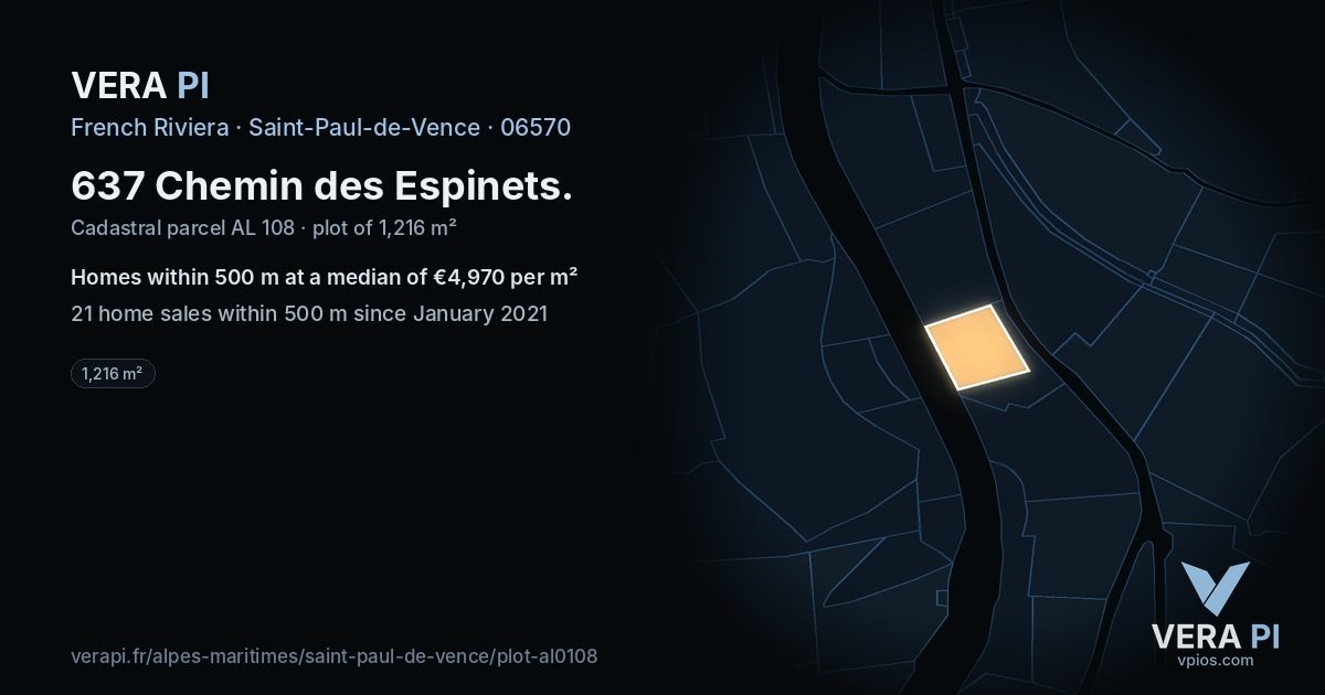 637 Chemin des Espinets, Saint-Paul-de-Vence at night – the plot lit, the parcels around coloured by the prices near them