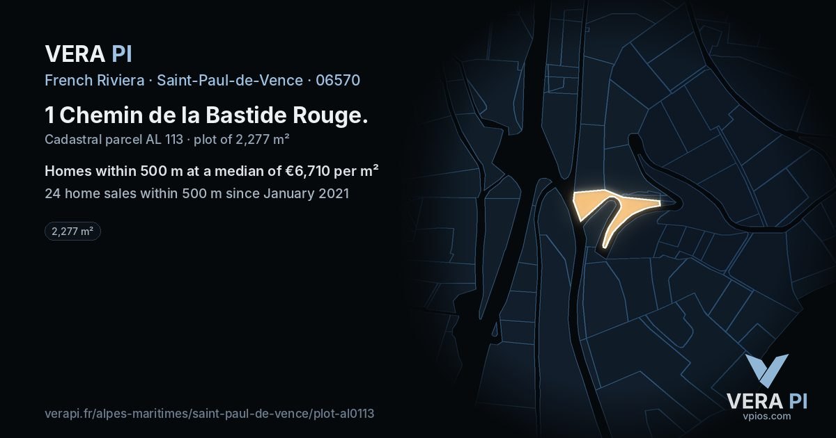 1 Chemin de la Bastide Rouge, Saint-Paul-de-Vence at night – the plot lit, the parcels around coloured by the prices near them