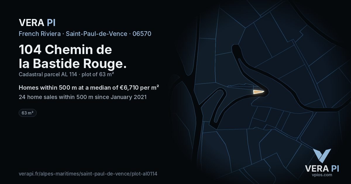104 Chemin de la Bastide Rouge, Saint-Paul-de-Vence at night – the plot lit, the parcels around coloured by the prices near them