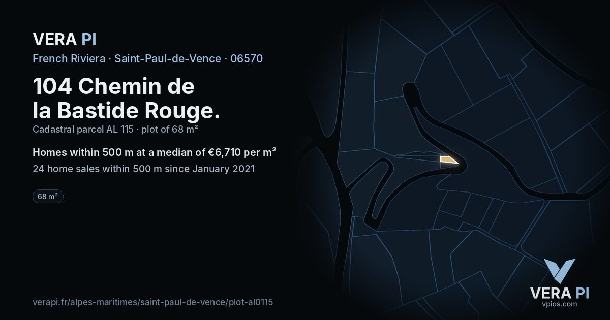 104 Chemin de la Bastide Rouge, Saint-Paul-de-Vence at night – the plot lit, the parcels around coloured by the prices near them
