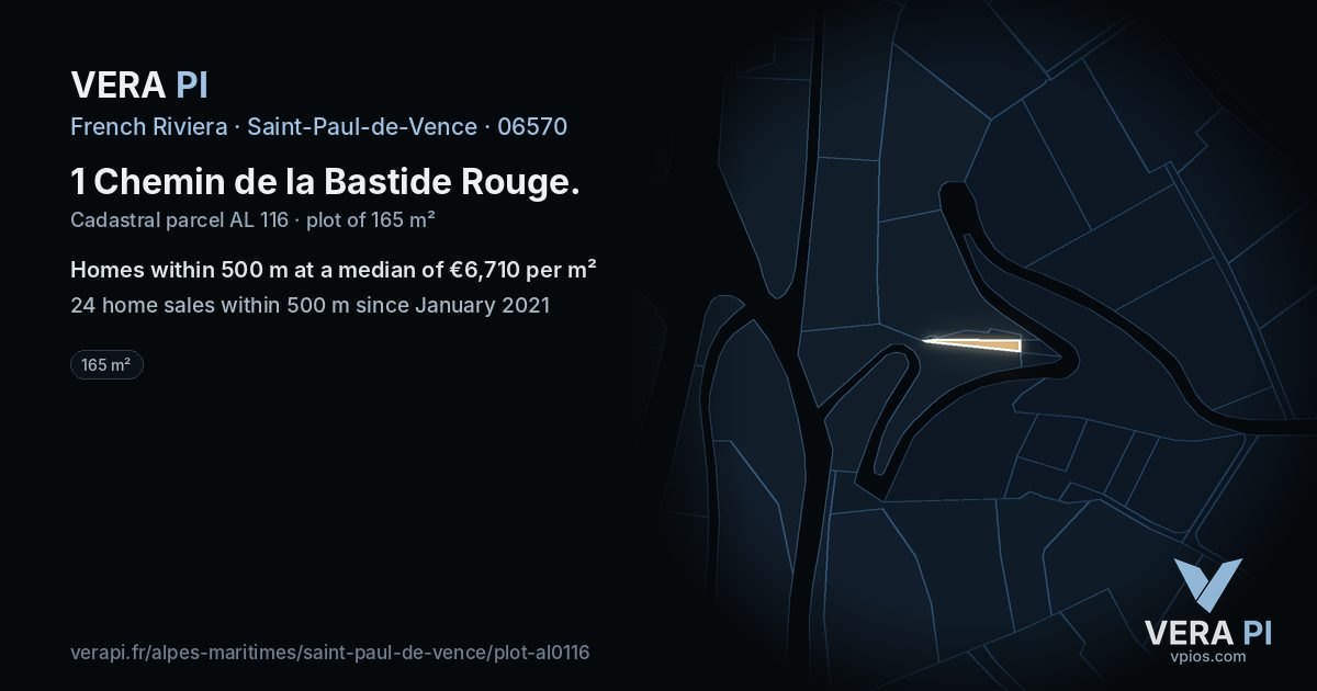 1 Chemin de la Bastide Rouge, Saint-Paul-de-Vence at night – the plot lit, the parcels around coloured by the prices near them