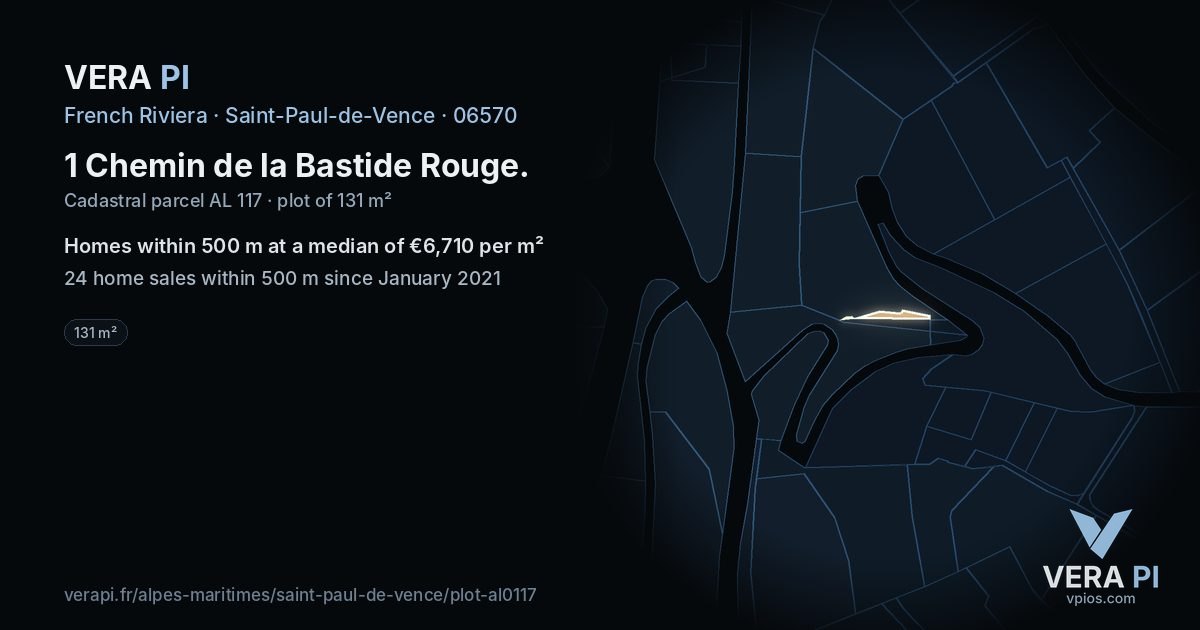 1 Chemin de la Bastide Rouge, Saint-Paul-de-Vence at night – the plot lit, the parcels around coloured by the prices near them