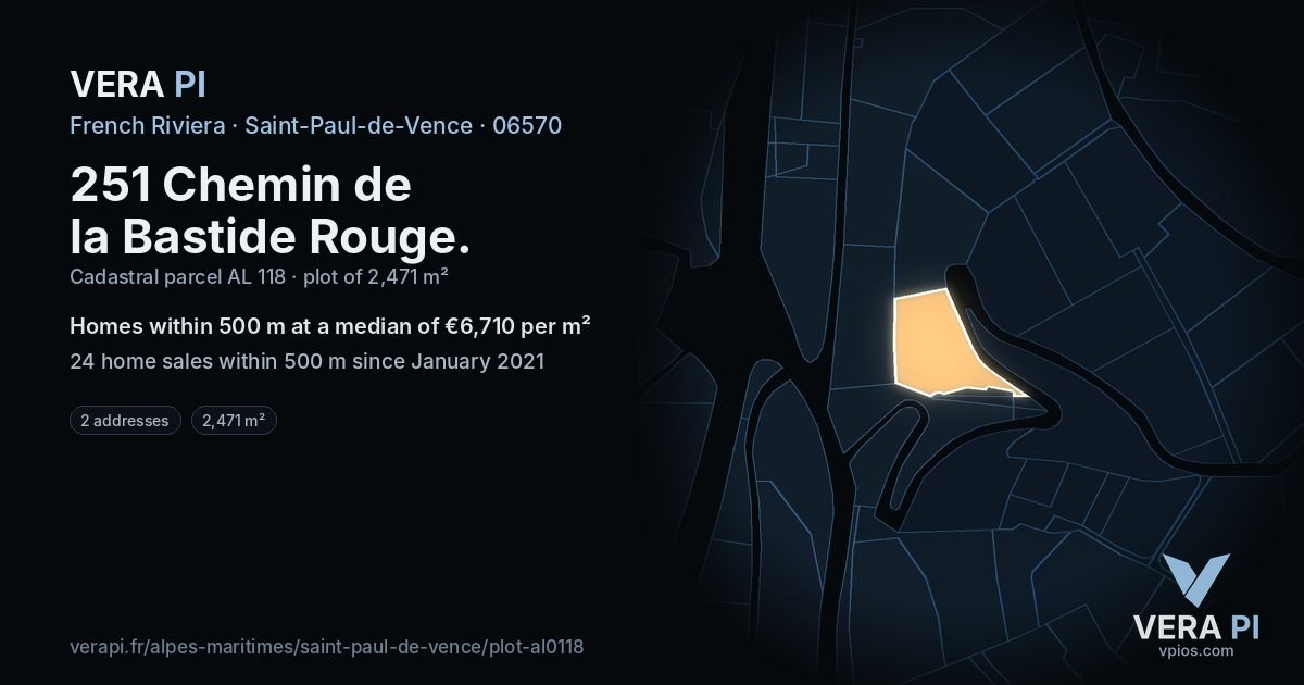 251 Chemin de la Bastide Rouge, Saint-Paul-de-Vence at night – the plot lit, the parcels around coloured by the prices near them