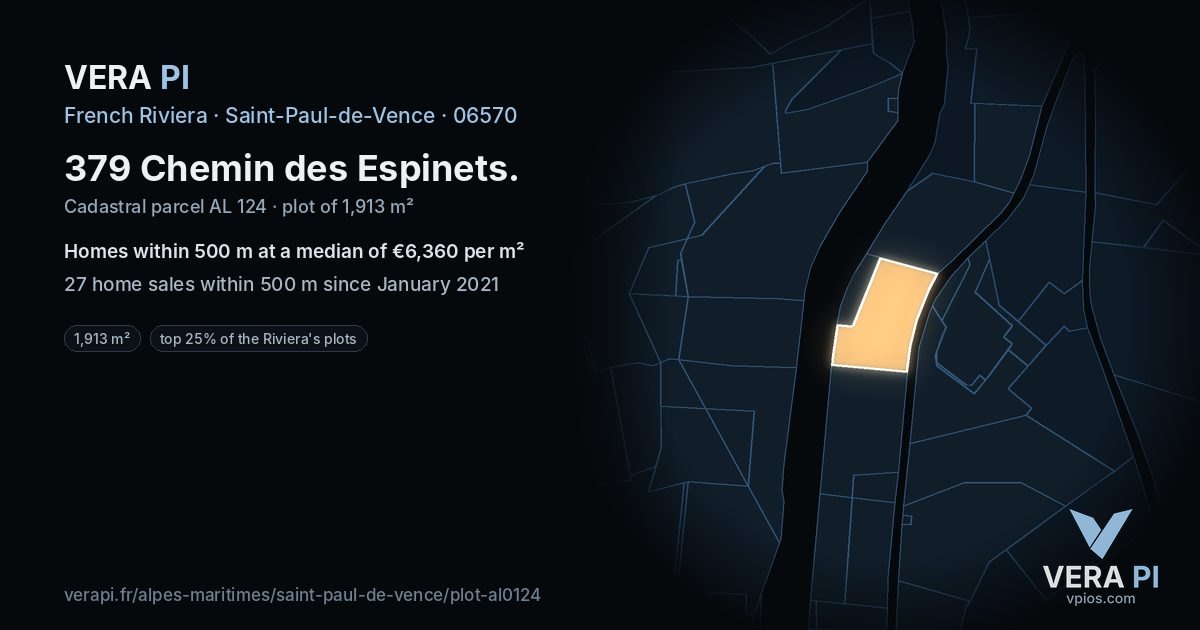 379 Chemin des Espinets, Saint-Paul-de-Vence at night – the plot lit, the parcels around coloured by the prices near them