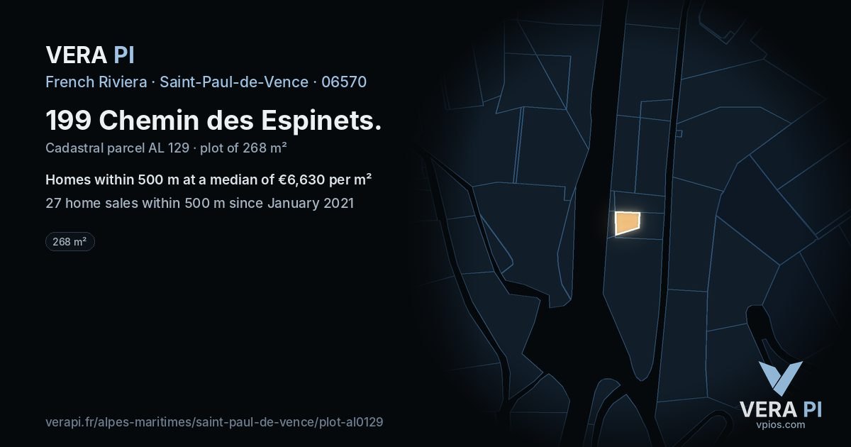199 Chemin des Espinets, Saint-Paul-de-Vence at night – the plot lit, the parcels around coloured by the prices near them