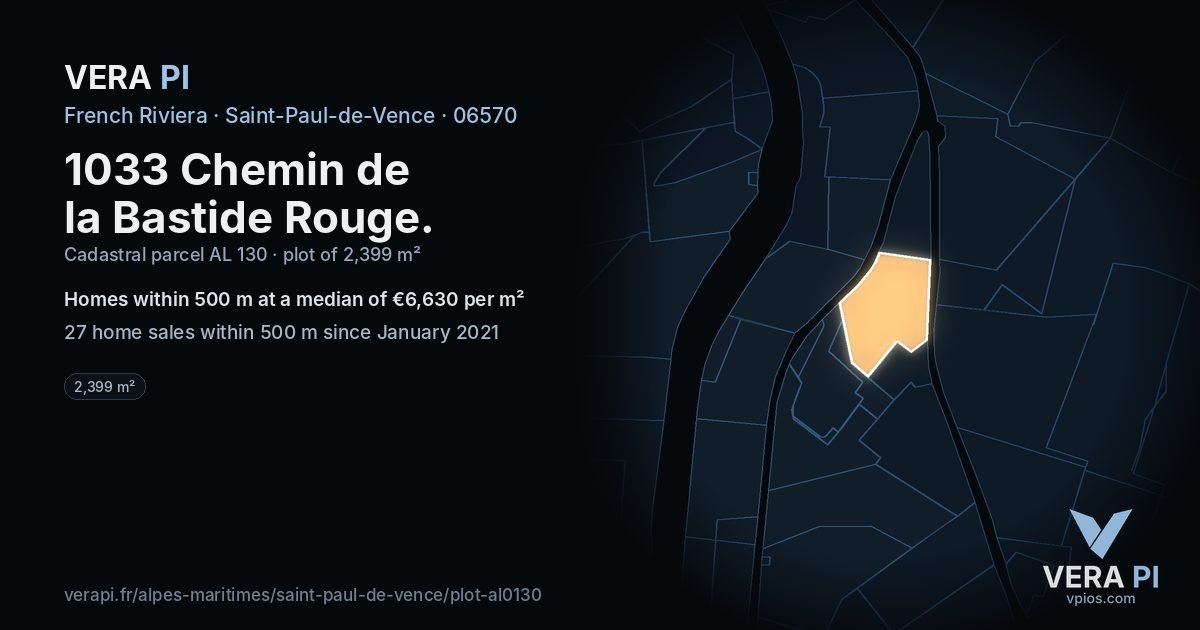 1033 Chemin de la Bastide Rouge, Saint-Paul-de-Vence at night – the plot lit, the parcels around coloured by the prices near them