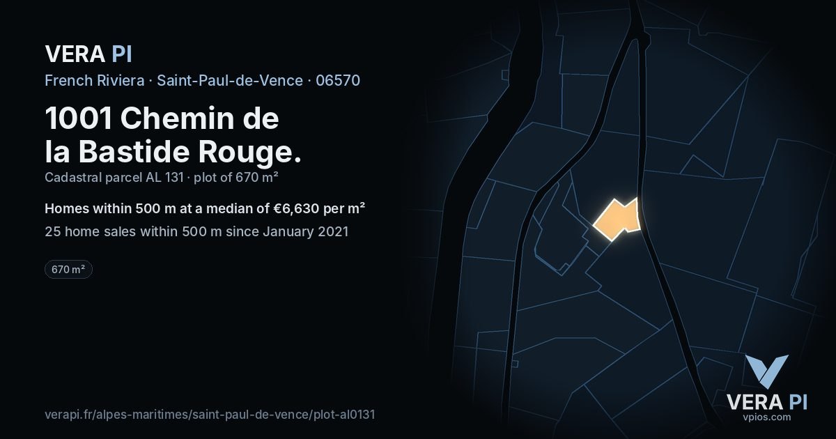 1001 Chemin de la Bastide Rouge, Saint-Paul-de-Vence at night – the plot lit, the parcels around coloured by the prices near them