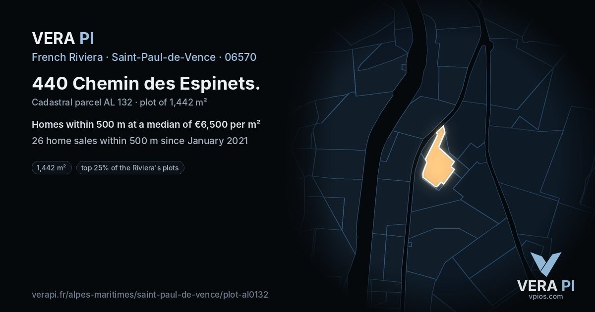 440 Chemin des Espinets, Saint-Paul-de-Vence at night – the plot lit, the parcels around coloured by the prices near them