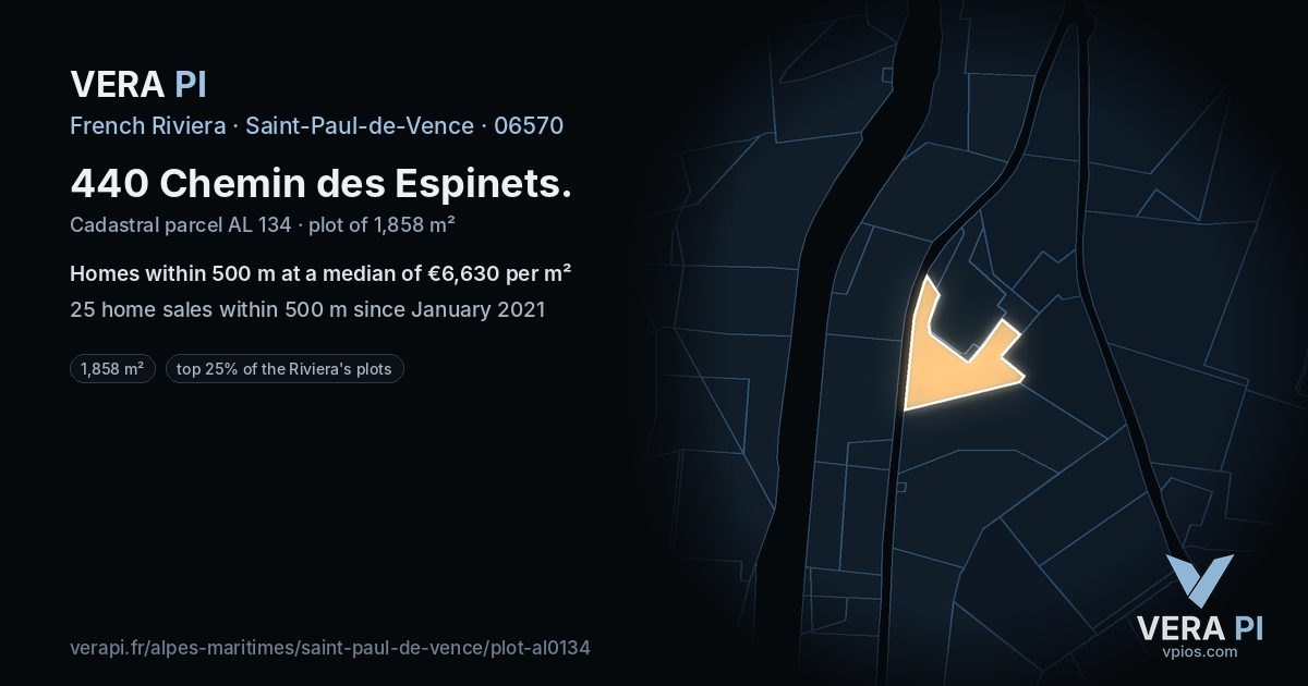 440 Chemin des Espinets, Saint-Paul-de-Vence at night – the plot lit, the parcels around coloured by the prices near them