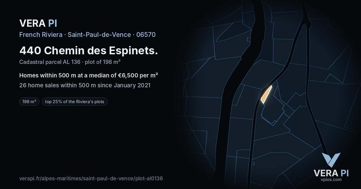 440 Chemin des Espinets, Saint-Paul-de-Vence at night – the plot lit, the parcels around coloured by the prices near them