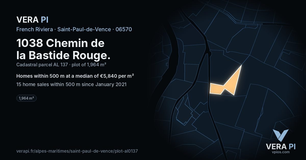 1038 Chemin de la Bastide Rouge, Saint-Paul-de-Vence at night – the plot lit, the parcels around coloured by the prices near them