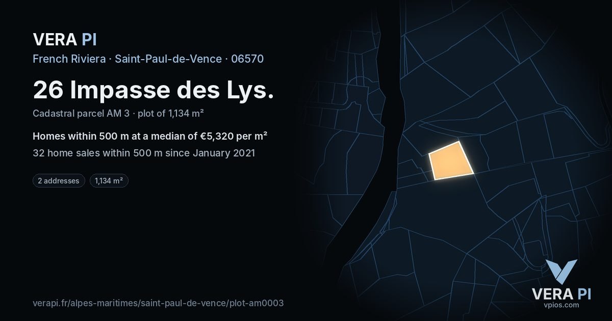 26 Impasse des Lys, Saint-Paul-de-Vence at night – the plot lit, the parcels around coloured by the prices near them