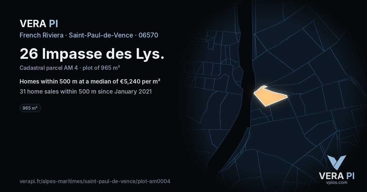 26 Impasse des Lys, Saint-Paul-de-Vence at night – the plot lit, the parcels around coloured by the prices near them