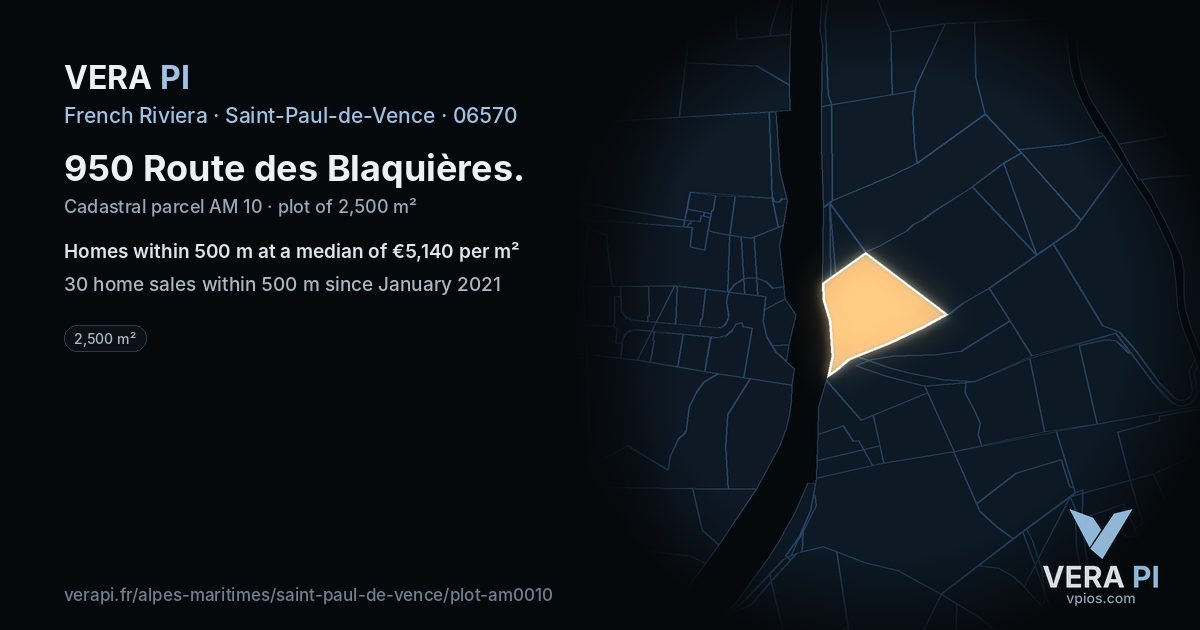950 Route des Blaquières, Saint-Paul-de-Vence at night – the plot lit, the parcels around coloured by the prices near them