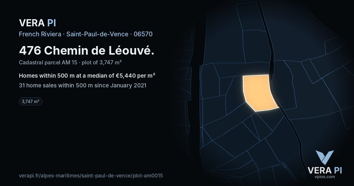476 Chemin de Léouvé, Saint-Paul-de-Vence at night – the plot lit, the parcels around coloured by the prices near them