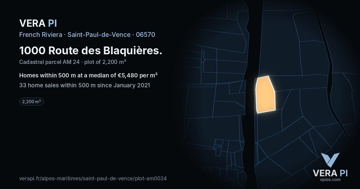 1000 Route des Blaquières, Saint-Paul-de-Vence at night – the plot lit, the parcels around coloured by the prices near them
