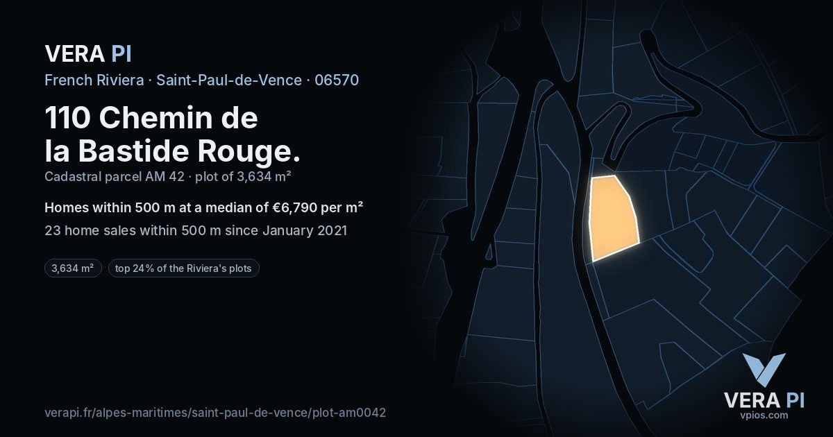 110 Chemin de la Bastide Rouge, Saint-Paul-de-Vence at night – the plot lit, the parcels around coloured by the prices near them