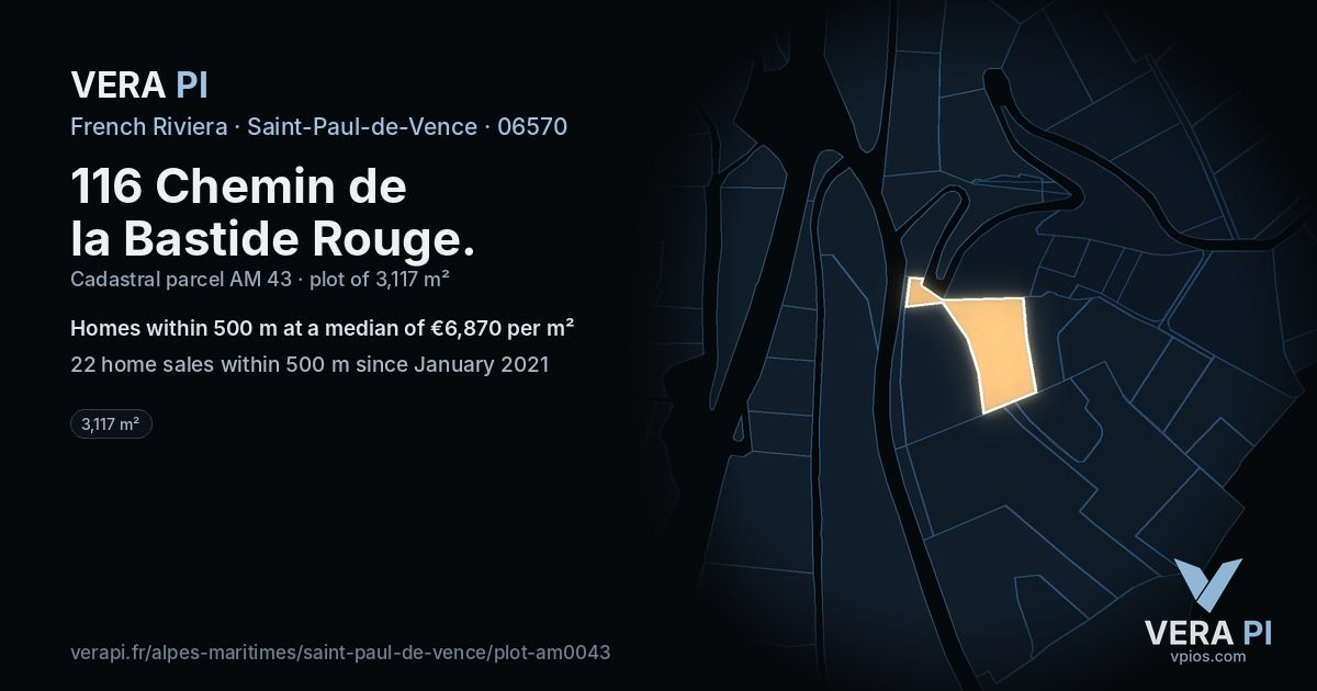 116 Chemin de la Bastide Rouge, Saint-Paul-de-Vence at night – the plot lit, the parcels around coloured by the prices near them