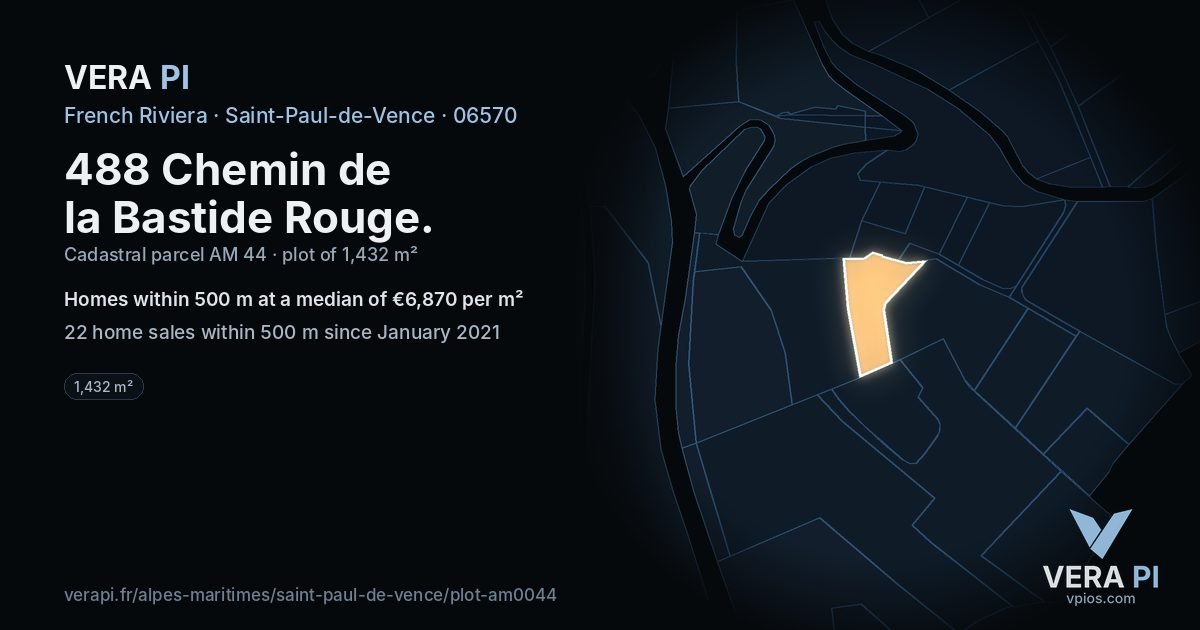 488 Chemin de la Bastide Rouge, Saint-Paul-de-Vence at night – the plot lit, the parcels around coloured by the prices near them