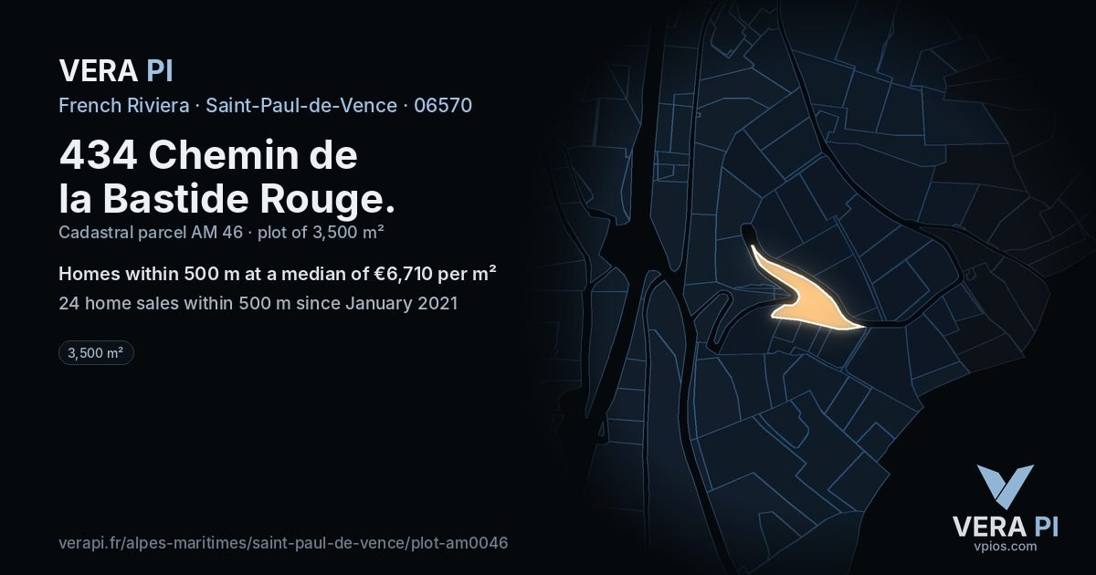 434 Chemin de la Bastide Rouge, Saint-Paul-de-Vence at night – the plot lit, the parcels around coloured by the prices near them