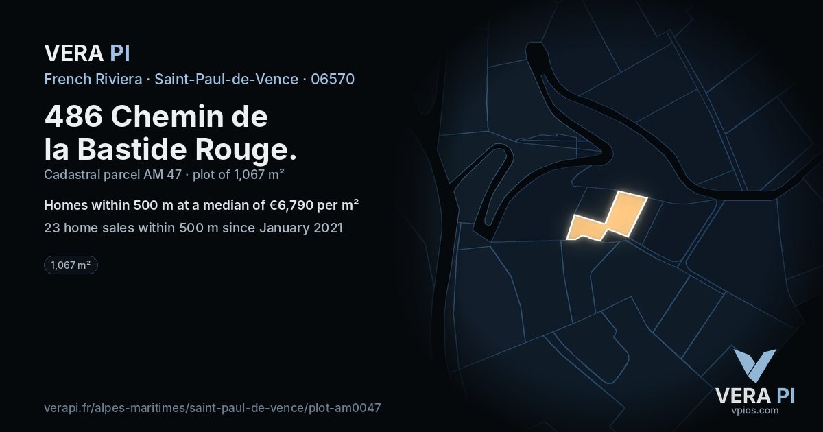 486 Chemin de la Bastide Rouge, Saint-Paul-de-Vence at night – the plot lit, the parcels around coloured by the prices near them