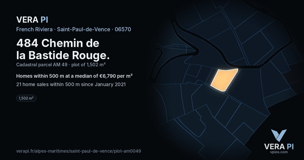 484 Chemin de la Bastide Rouge, Saint-Paul-de-Vence at night – the plot lit, the parcels around coloured by the prices near them