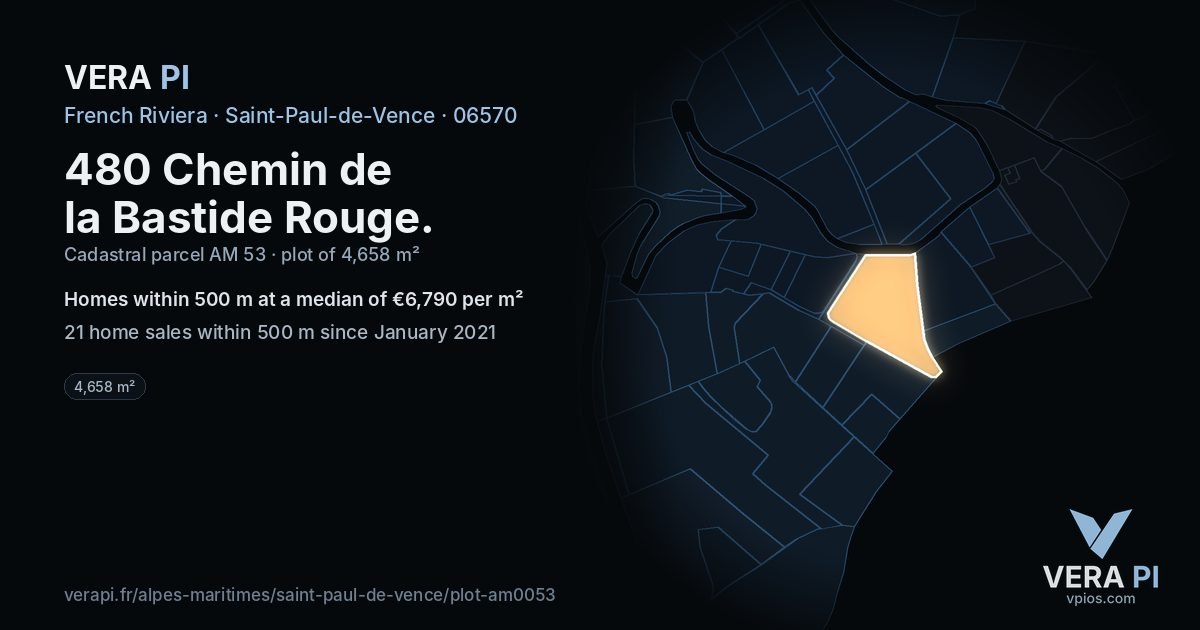 480 Chemin de la Bastide Rouge, Saint-Paul-de-Vence at night – the plot lit, the parcels around coloured by the prices near them