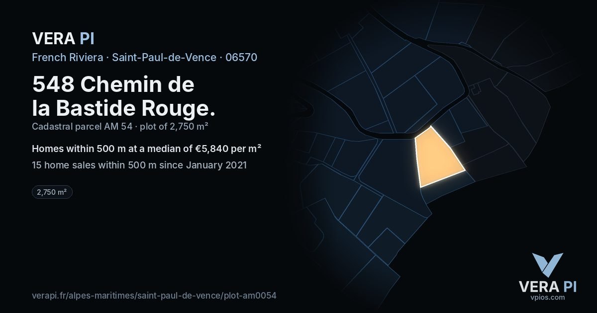 548 Chemin de la Bastide Rouge, Saint-Paul-de-Vence at night – the plot lit, the parcels around coloured by the prices near them