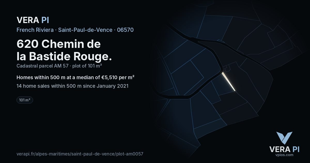 620 Chemin de la Bastide Rouge, Saint-Paul-de-Vence at night – the plot lit, the parcels around coloured by the prices near them