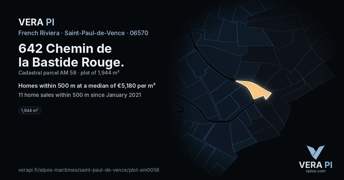 642 Chemin de la Bastide Rouge, Saint-Paul-de-Vence at night – the plot lit, the parcels around coloured by the prices near them