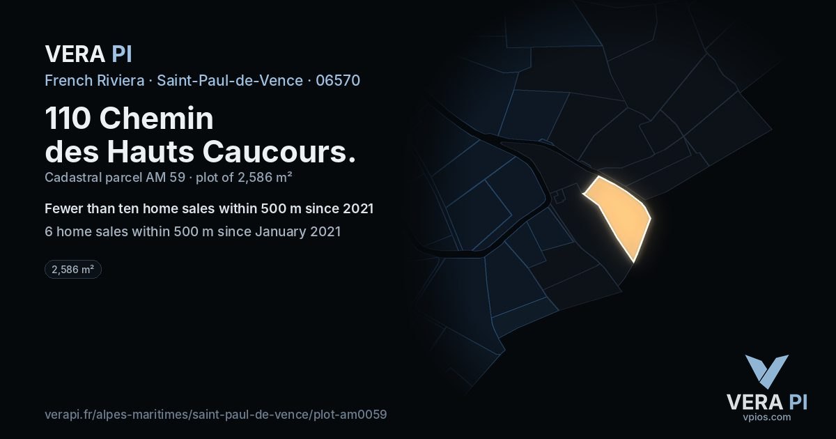 110 Chemin des Hauts Caucours, Saint-Paul-de-Vence at night – the plot lit, the parcels around coloured by the prices near them