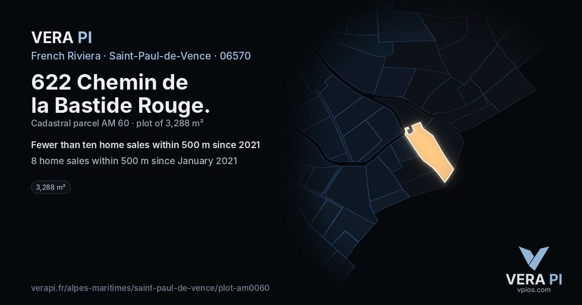 622 Chemin de la Bastide Rouge, Saint-Paul-de-Vence at night – the plot lit, the parcels around coloured by the prices near them