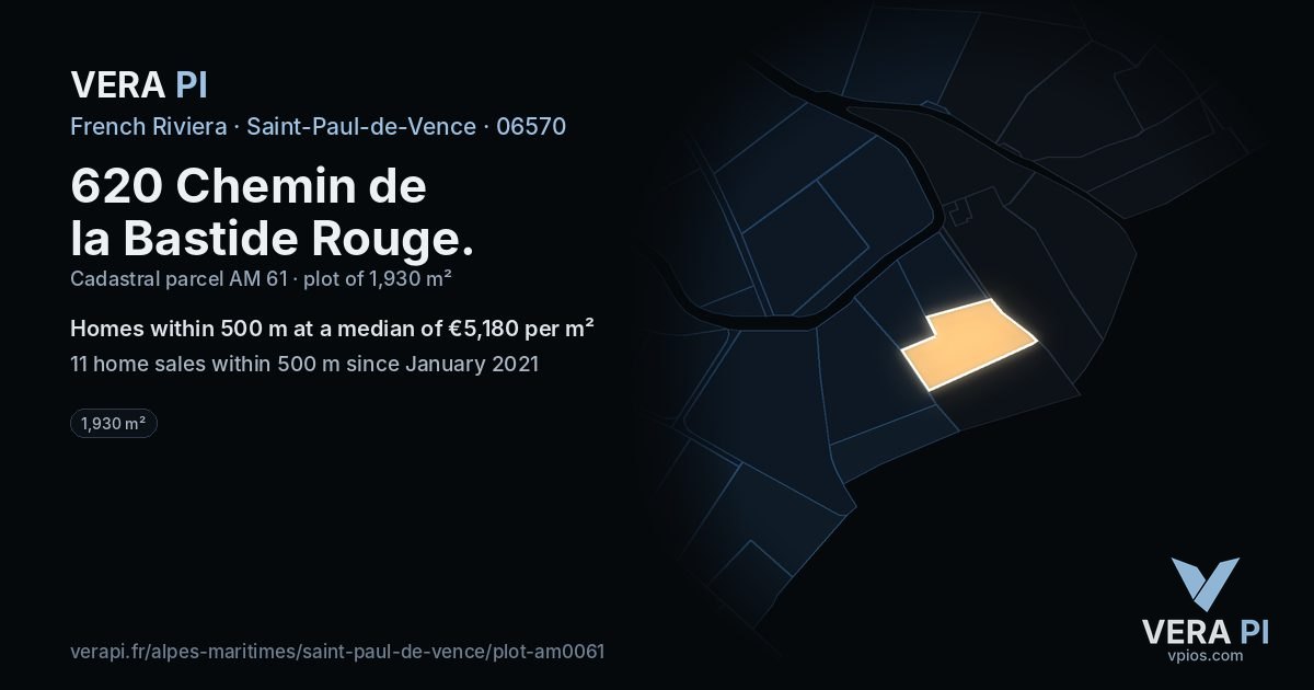 620 Chemin de la Bastide Rouge, Saint-Paul-de-Vence at night – the plot lit, the parcels around coloured by the prices near them