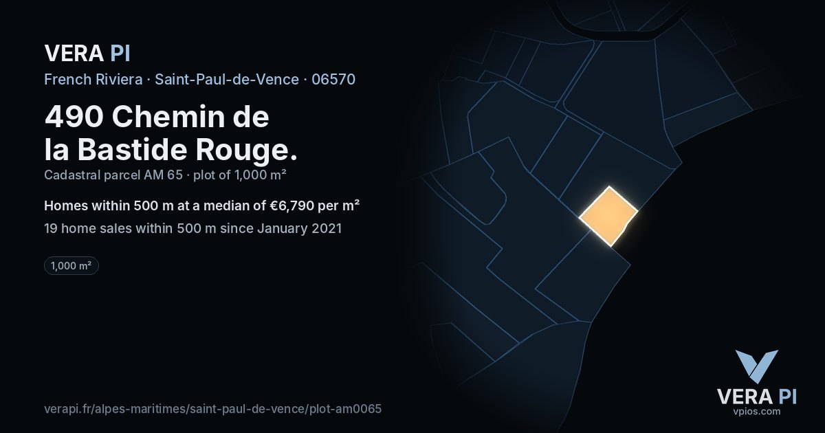 490 Chemin de la Bastide Rouge, Saint-Paul-de-Vence at night – the plot lit, the parcels around coloured by the prices near them