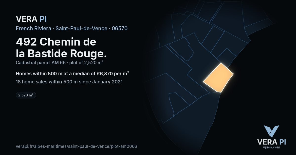492 Chemin de la Bastide Rouge, Saint-Paul-de-Vence at night – the plot lit, the parcels around coloured by the prices near them