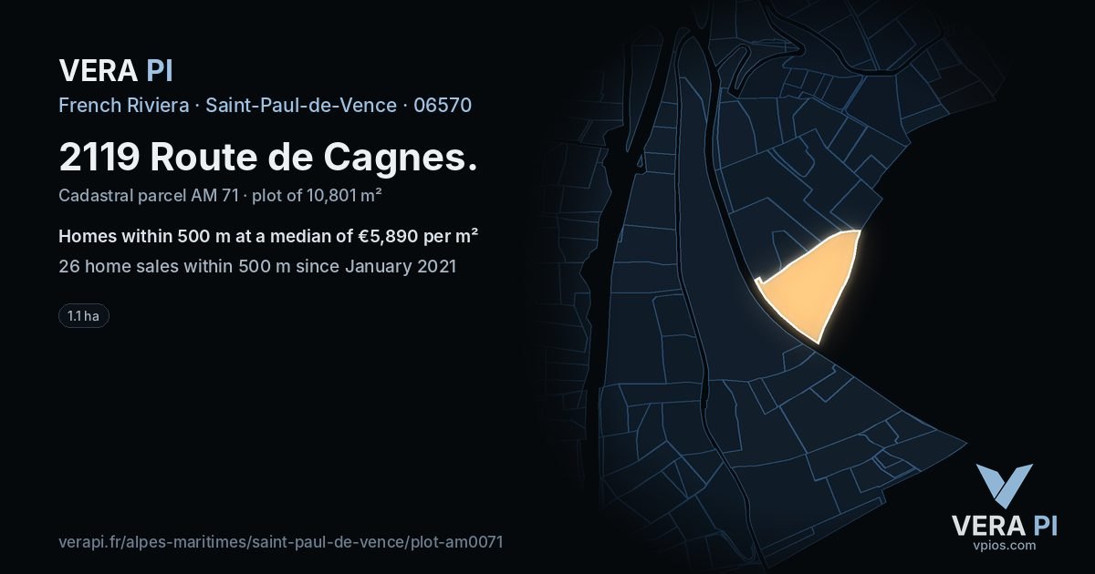 2119 Route de Cagnes, Saint-Paul-de-Vence at night – the plot lit, the parcels around coloured by the prices near them