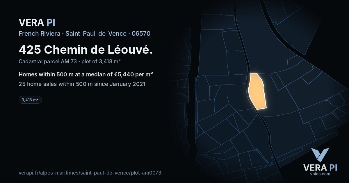 425 Chemin de Léouvé, Saint-Paul-de-Vence at night – the plot lit, the parcels around coloured by the prices near them