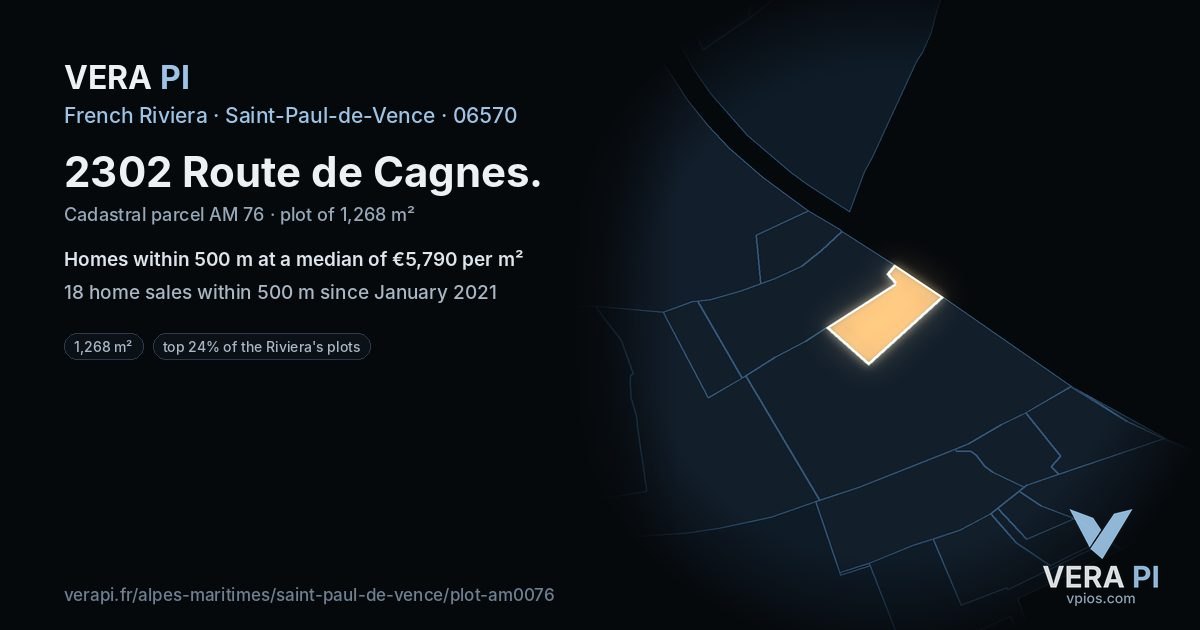 2302 Route de Cagnes, Saint-Paul-de-Vence at night – the plot lit, the parcels around coloured by the prices near them