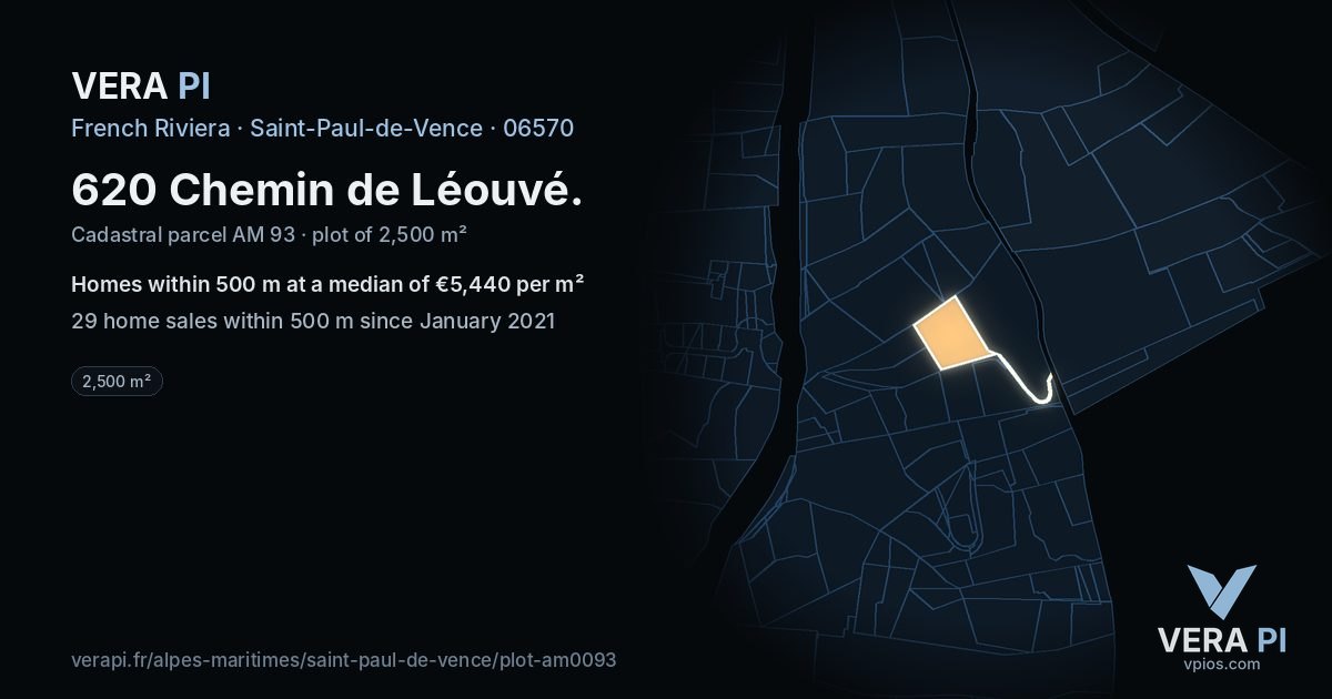 620 Chemin de Léouvé, Saint-Paul-de-Vence at night – the plot lit, the parcels around coloured by the prices near them