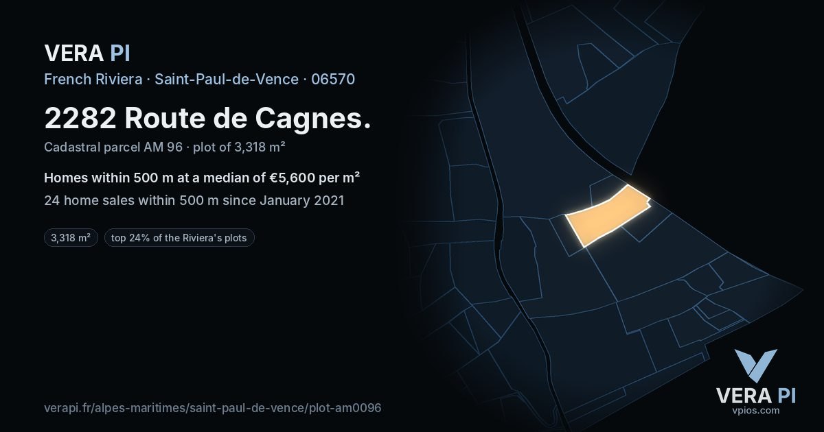 2282 Route de Cagnes, Saint-Paul-de-Vence at night – the plot lit, the parcels around coloured by the prices near them