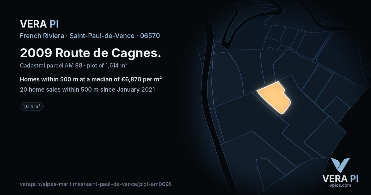 2009 Route de Cagnes, Saint-Paul-de-Vence at night – the plot lit, the parcels around coloured by the prices near them