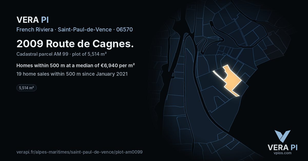2009 Route de Cagnes, Saint-Paul-de-Vence at night – the plot lit, the parcels around coloured by the prices near them